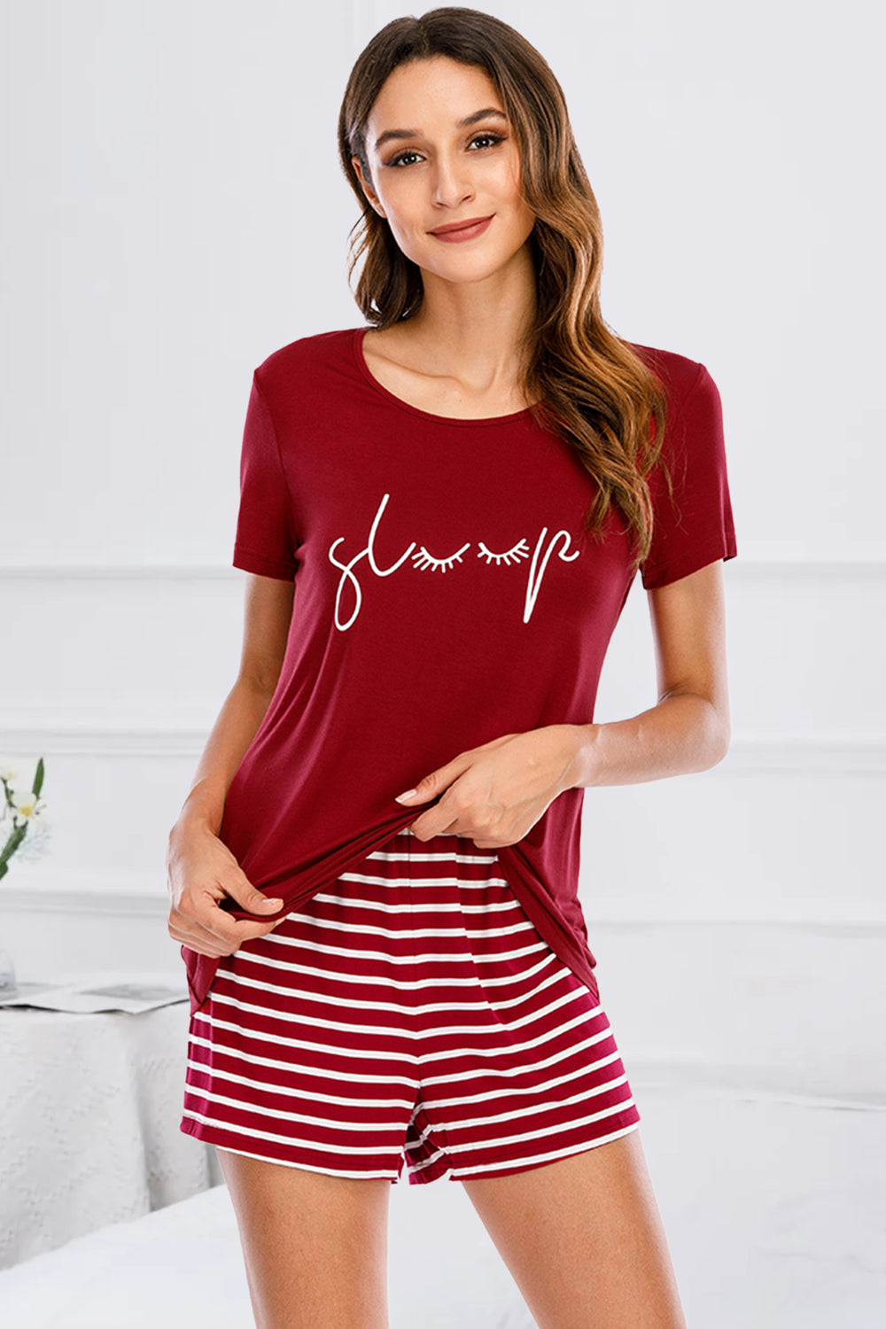 Graphic Round Neck Top and Striped Shorts Lounge Set - JassyBae