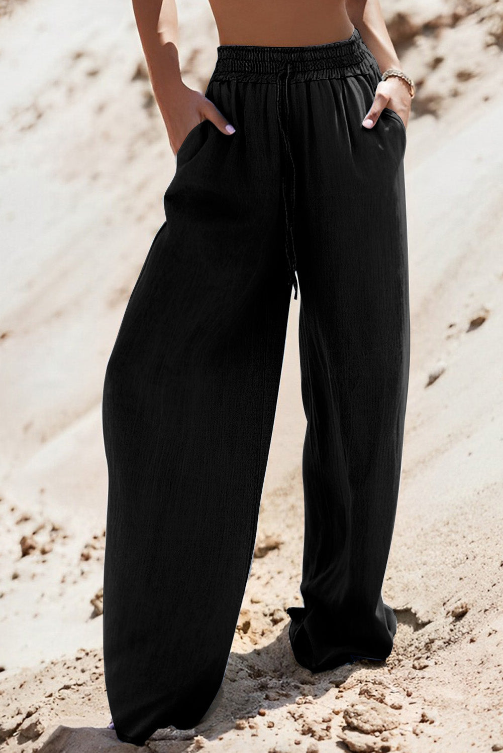 Black Drawstring Wide Leg Denim Pants