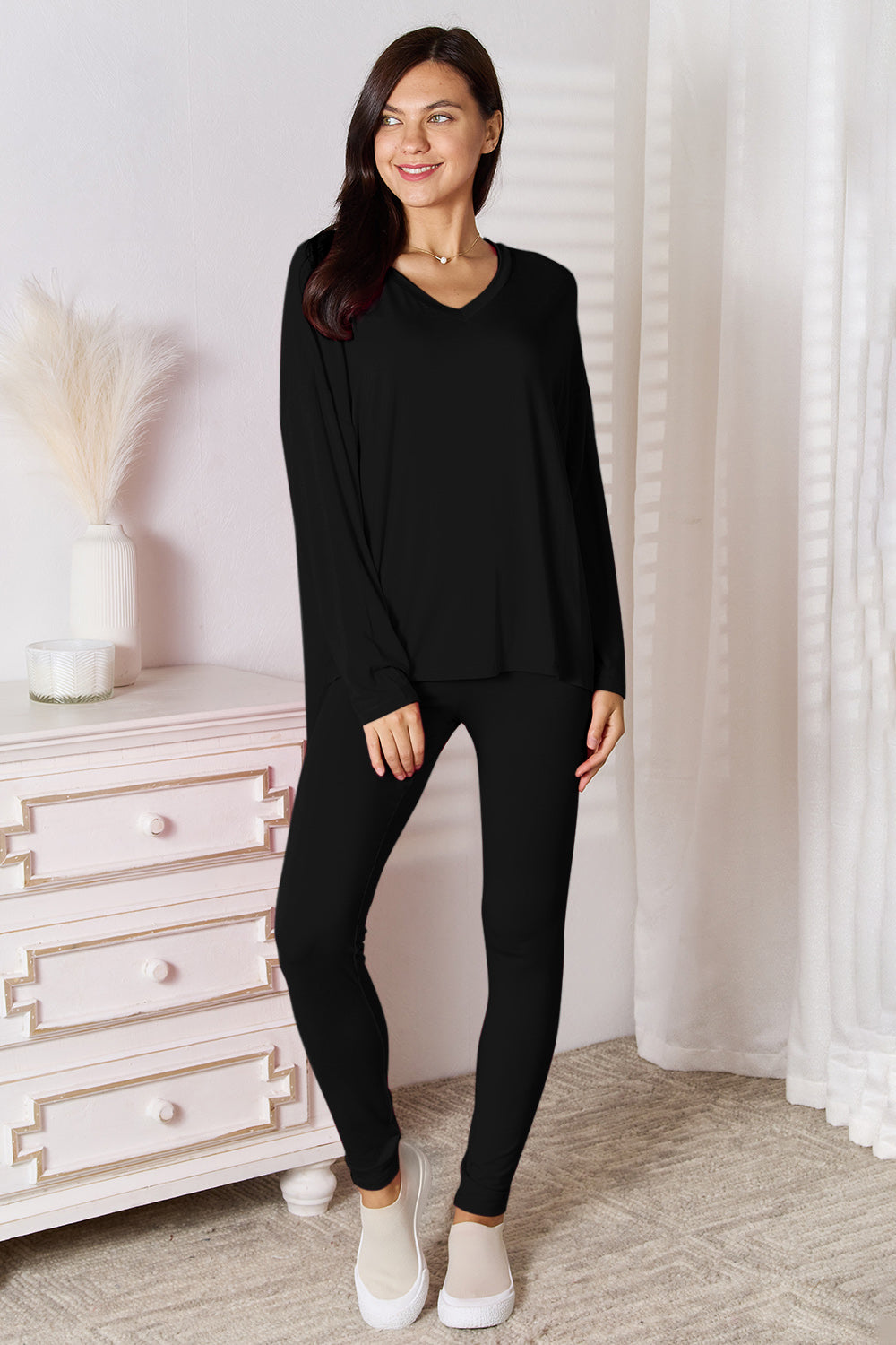 Basic Bae Bamboo Full Size V-Neck Long Sleeve Top and Pants Lounge Set - JassyBae