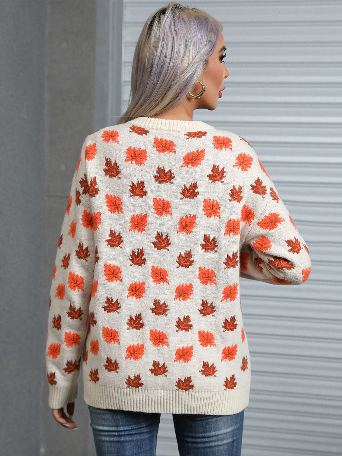 Angel Wings Maple Leaf Round Neck Long Sleeve Sweater