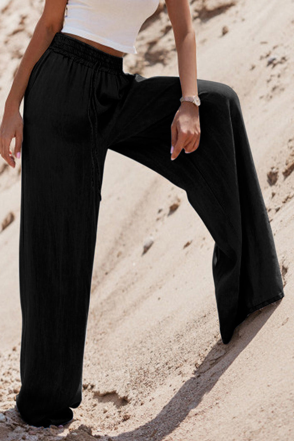 Black Drawstring Wide Leg Denim Pants