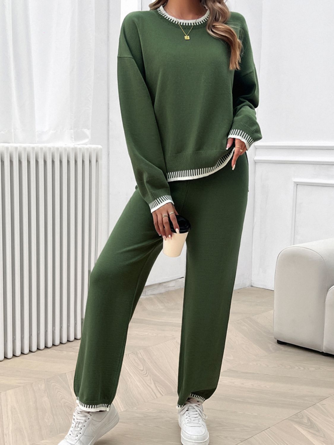 Round Neck Dropped Shoulder Top and Pants Sweater Set - JassyBae