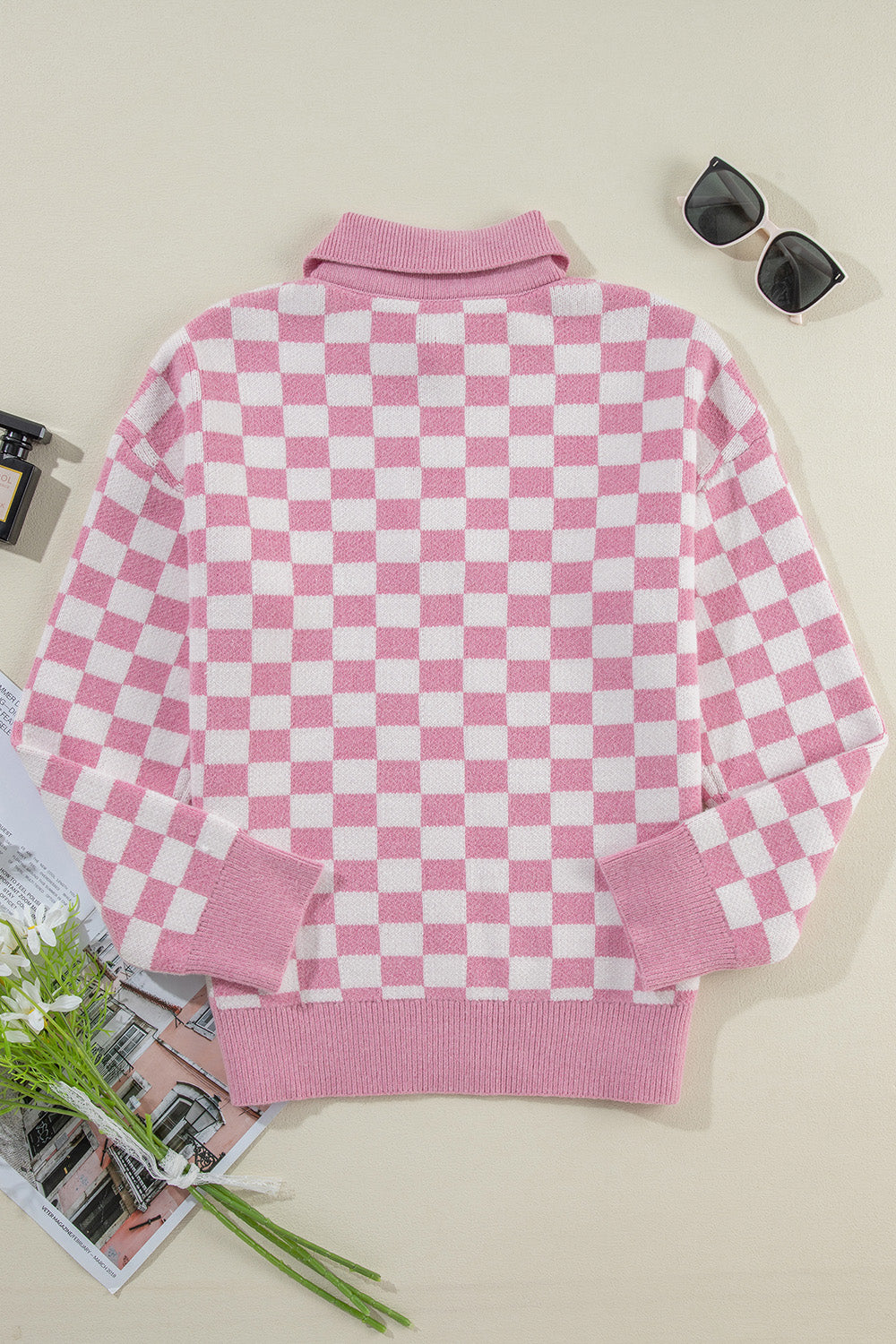 Checkered Collared Neck Dropped Shoulder Sweater - JassyBae