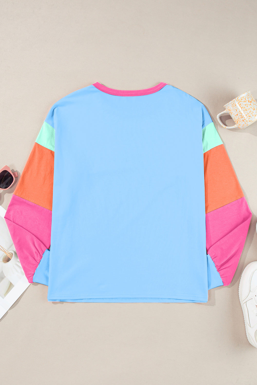 Color Block Round Neck Long Sleeve Top - JassyBae