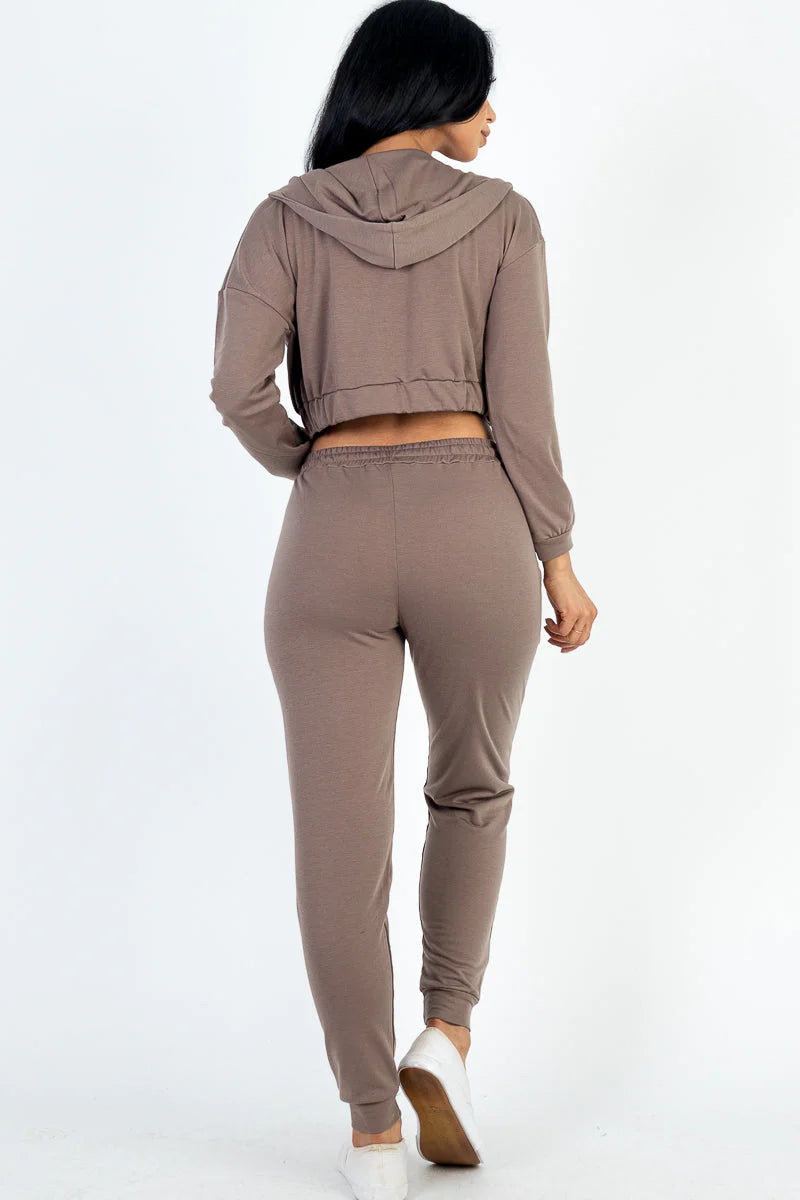 Cozy Chic French Terry Lounge Set: Zip-Up Jacket, Cropped Cami, and Joggers