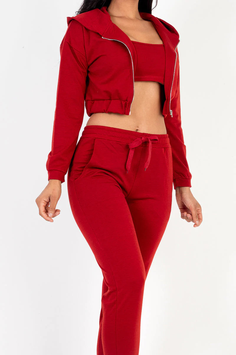 Cozy Chic French Terry Lounge Set: Zip-Up Jacket, Cropped Cami, and Joggers