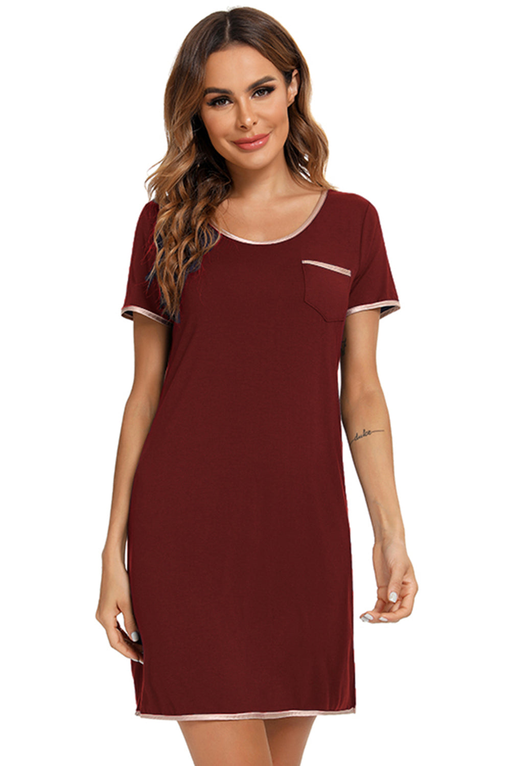 Contrast Trim Pocketed Round Neck Lounge Dress - JassyBae