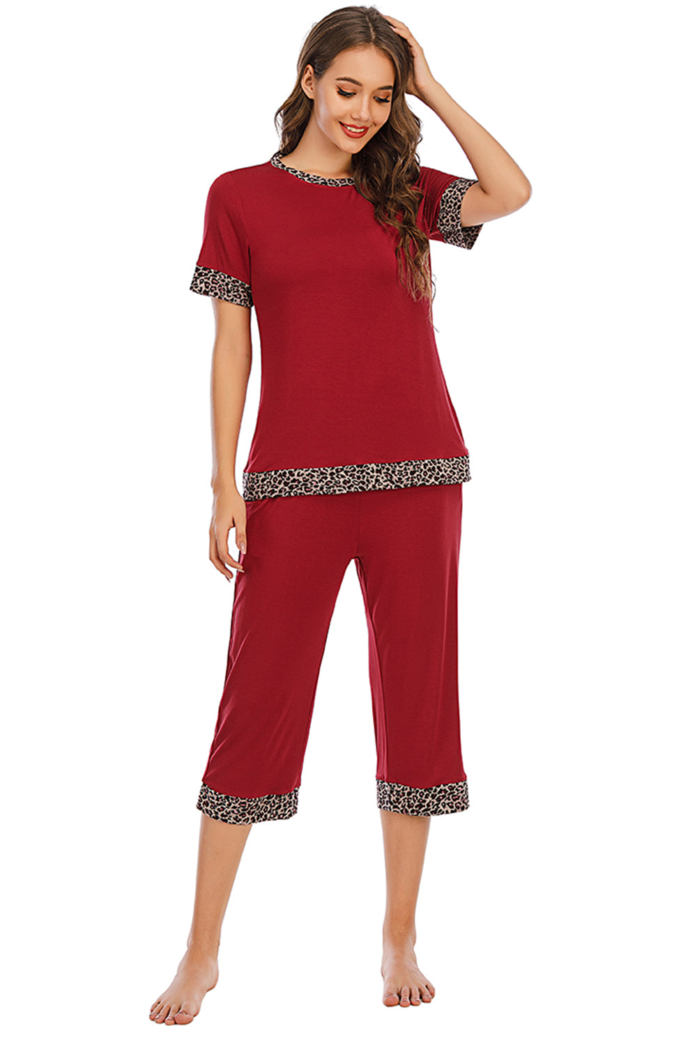 Round Neck Short Sleeve Top and Capris Pants Lounge Set - JassyBae