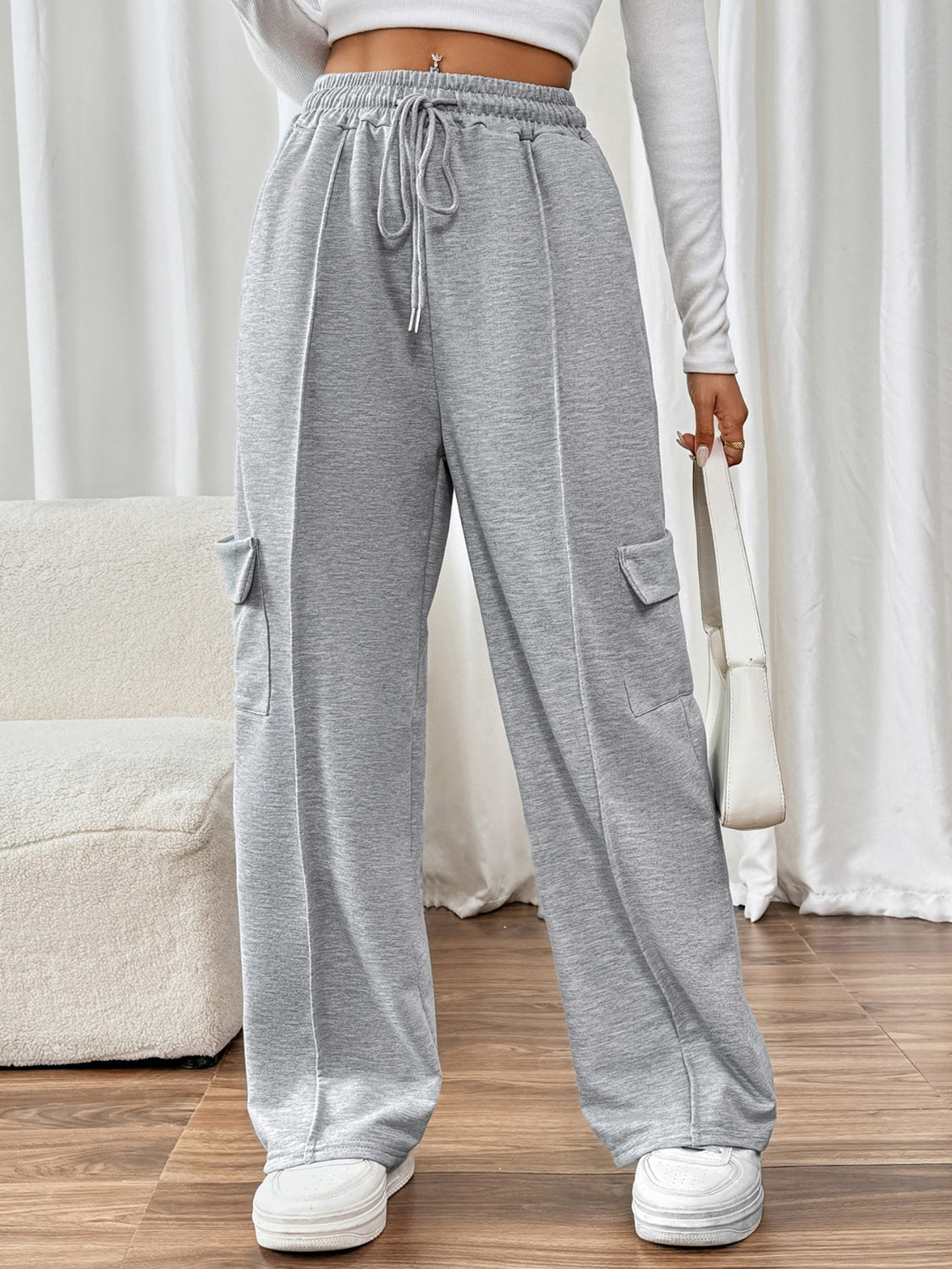 Drawstring Wide Leg Pants with Pockets