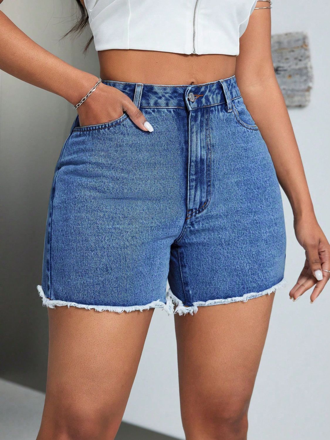 Raw Hem High Waist Denim Shorts - JassyBae