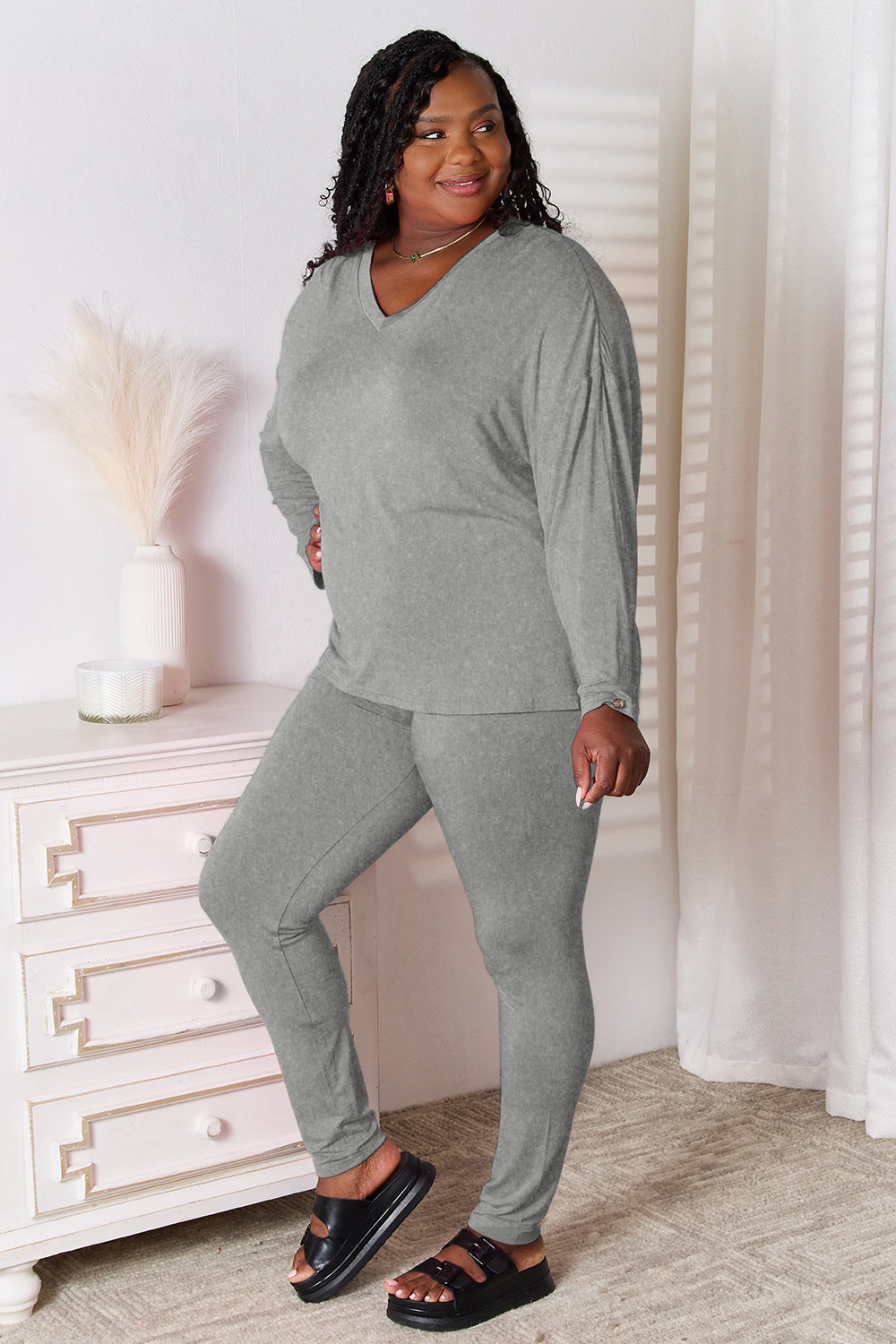 Basic Bae Bamboo Full Size V-Neck Long Sleeve Top and Pants Lounge Set - JassyBae