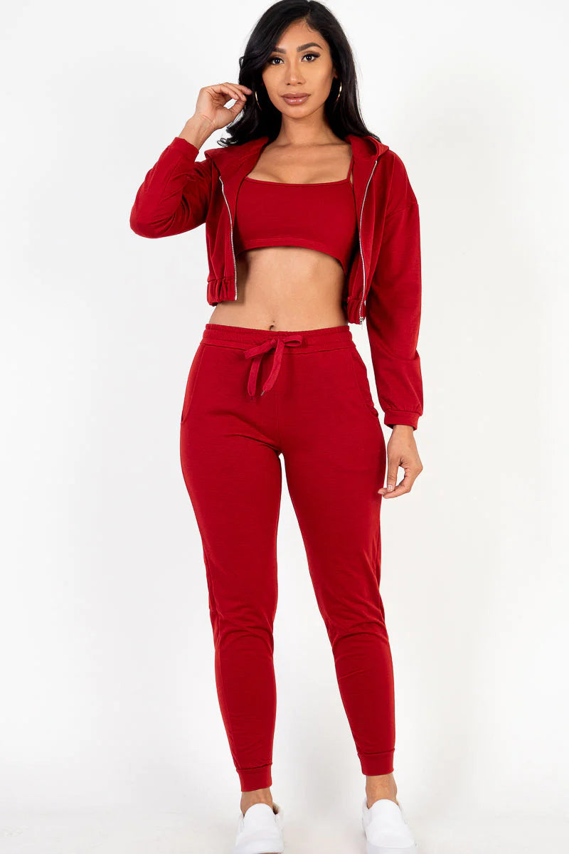 Cozy Chic French Terry Lounge Set: Zip-Up Jacket, Cropped Cami, and Joggers