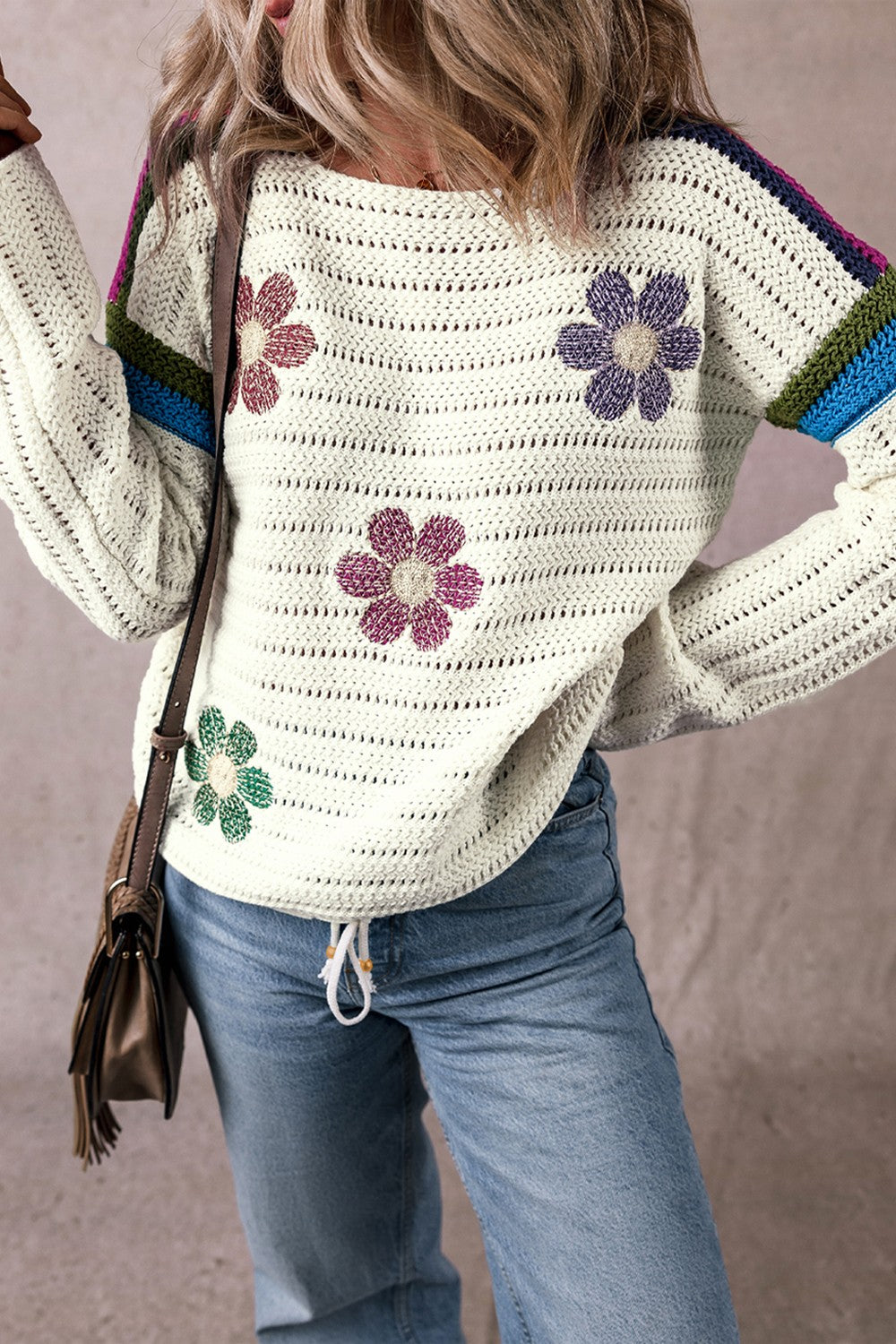 Flower Round Neck Long Sleeve Sweater - JassyBae