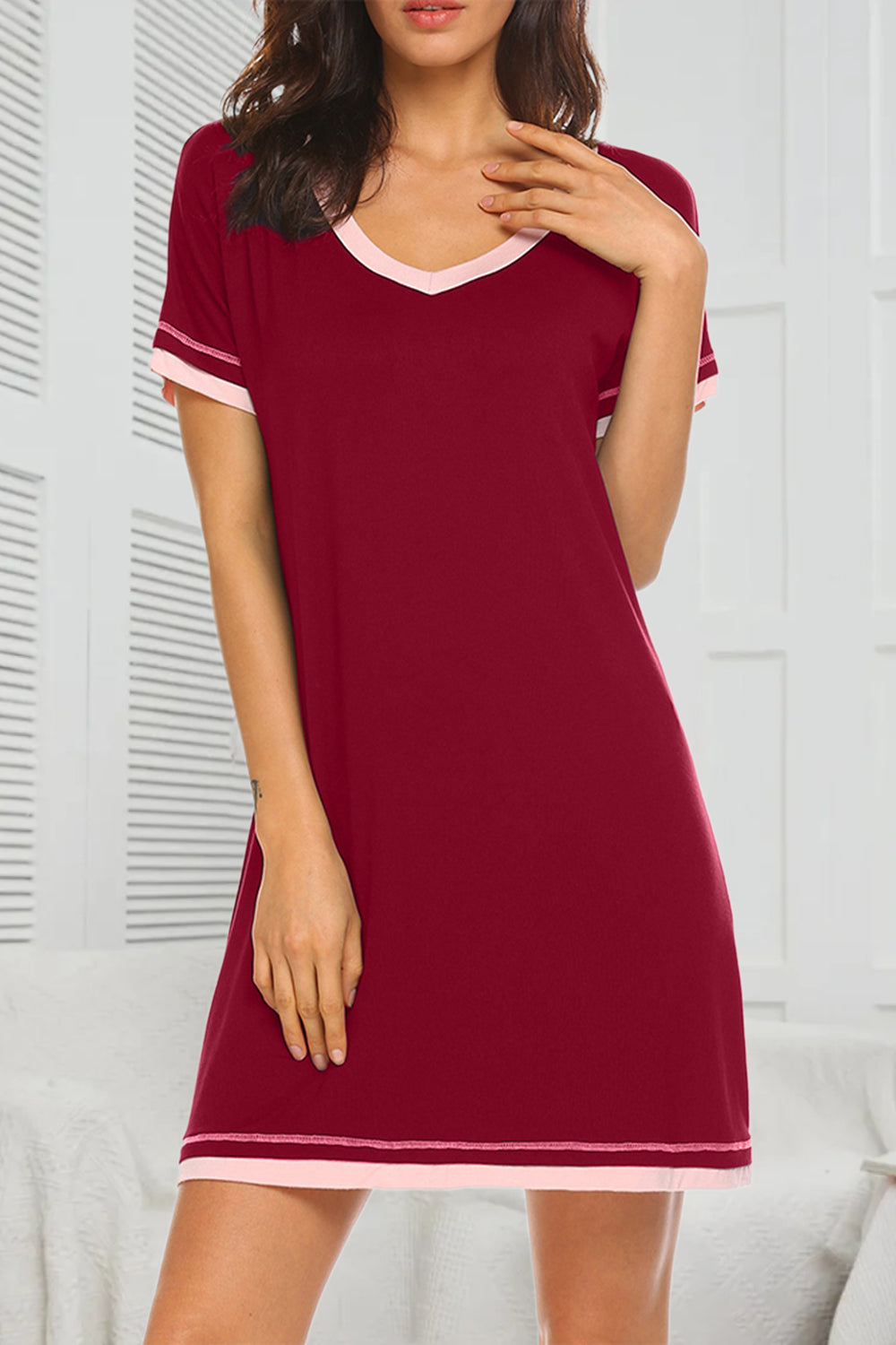 Contrast Trim Short Sleeve Lounge Dress - JassyBae