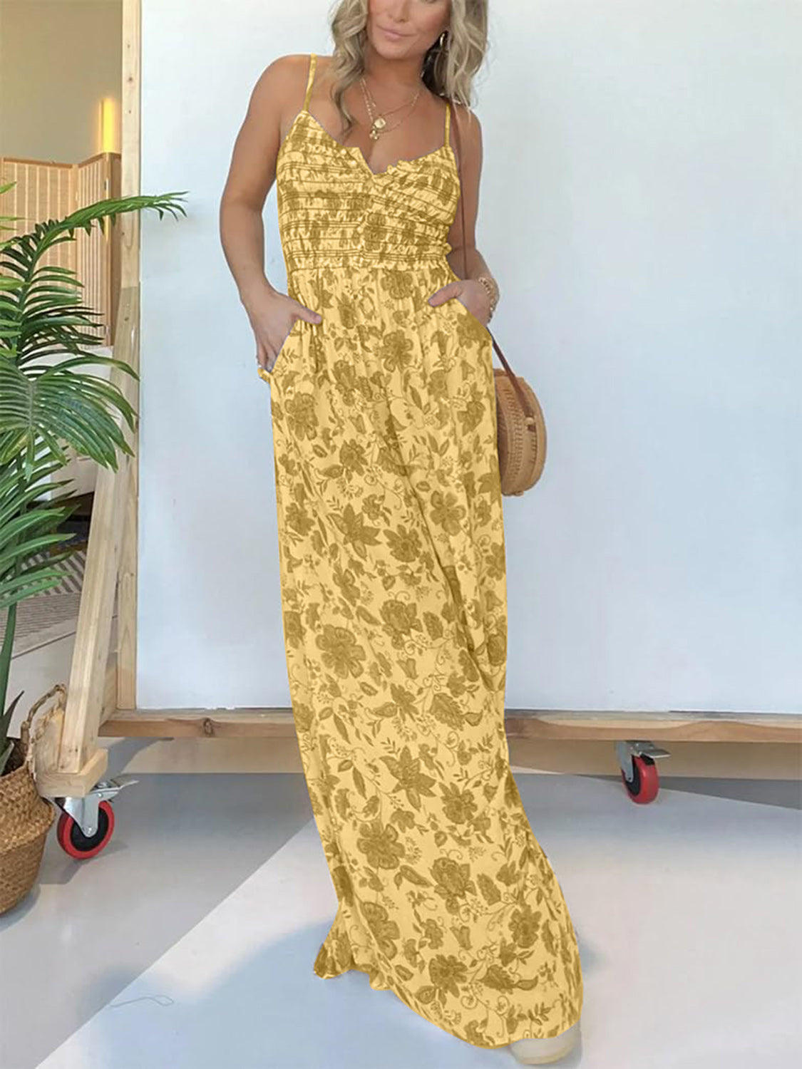 Full Size Printed Spaghetti Strap Wide Leg Jumpsuit - JassyBae