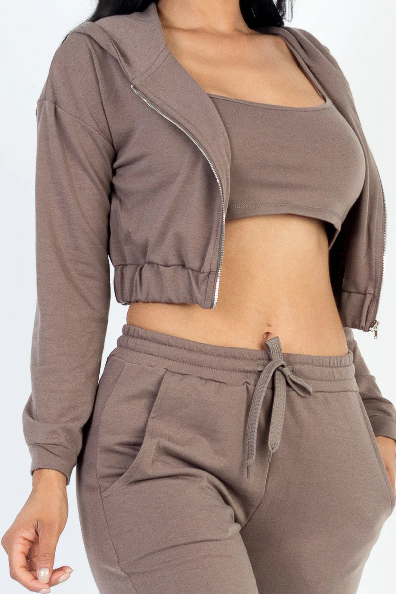 Cozy Chic French Terry Lounge Set: Zip-Up Jacket, Cropped Cami, and Joggers