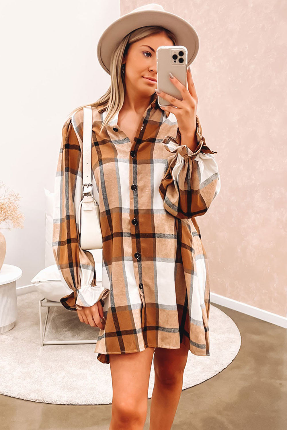 Khaki Plaid Shirt Dress