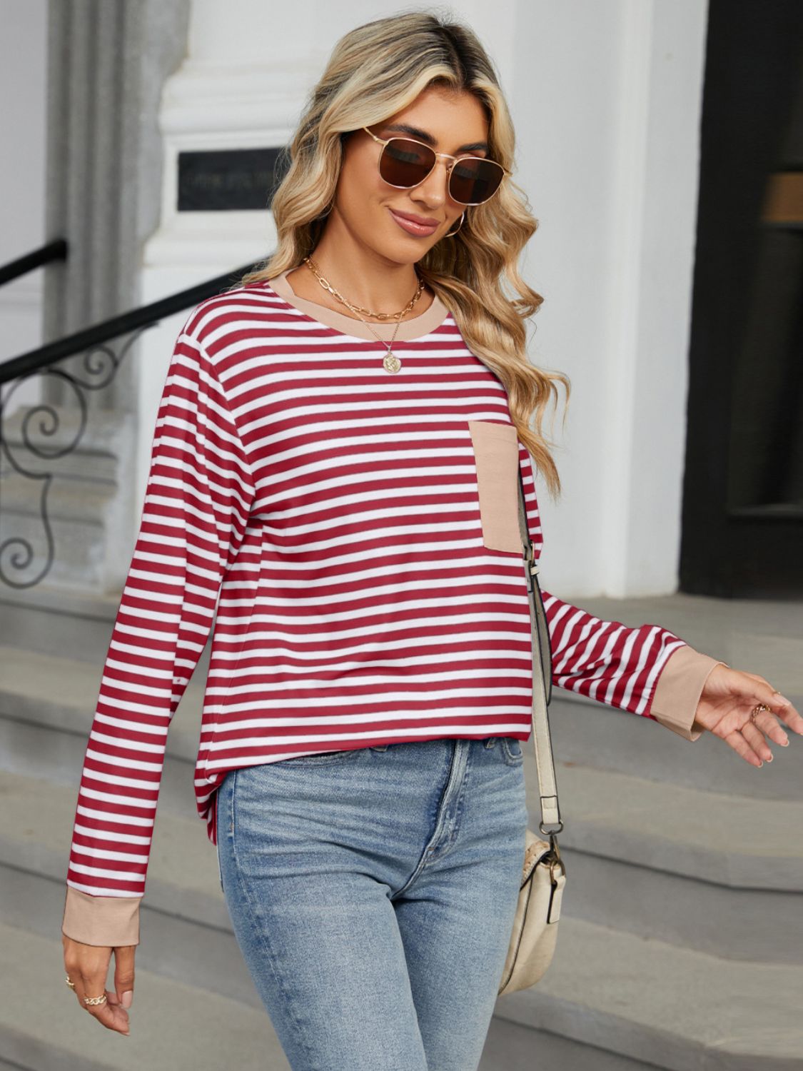 Pocketed Striped Round Neck Long Sleeve T-Shirt - JassyBae