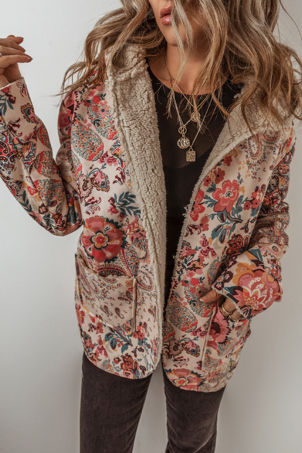 Floral Printed Sherpa Lined Hooded Jacket