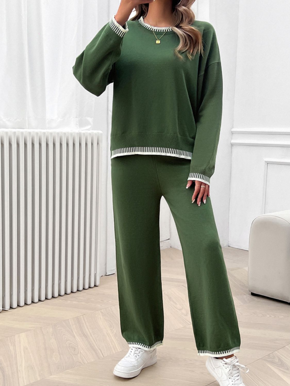 Round Neck Dropped Shoulder Top and Pants Sweater Set - JassyBae