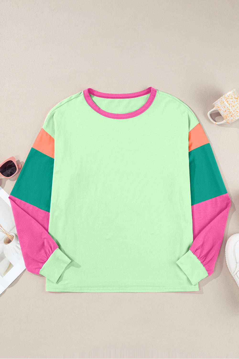 Color Block Round Neck Long Sleeve Top - JassyBae